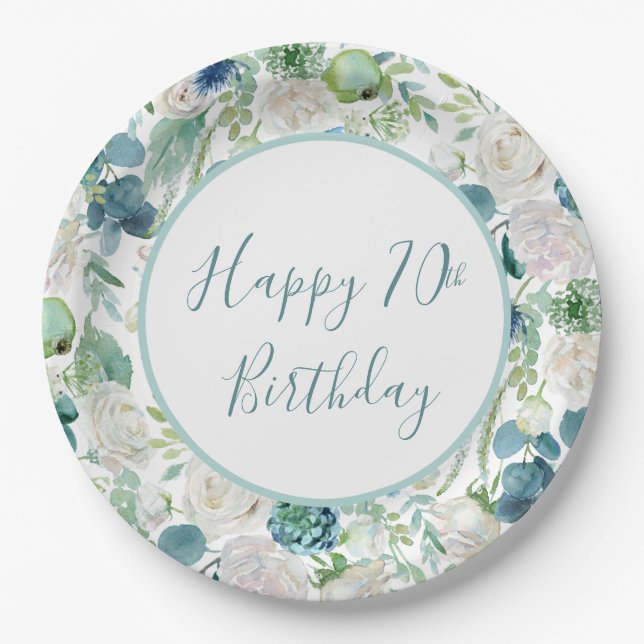 Blue Floral Happy Birthday Plates (Front)