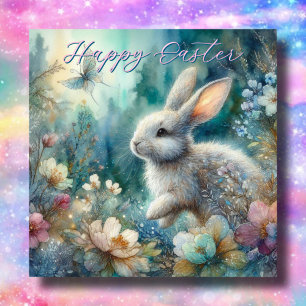 Blue Floral Happy Easter Watercolor Bunny Holiday Card