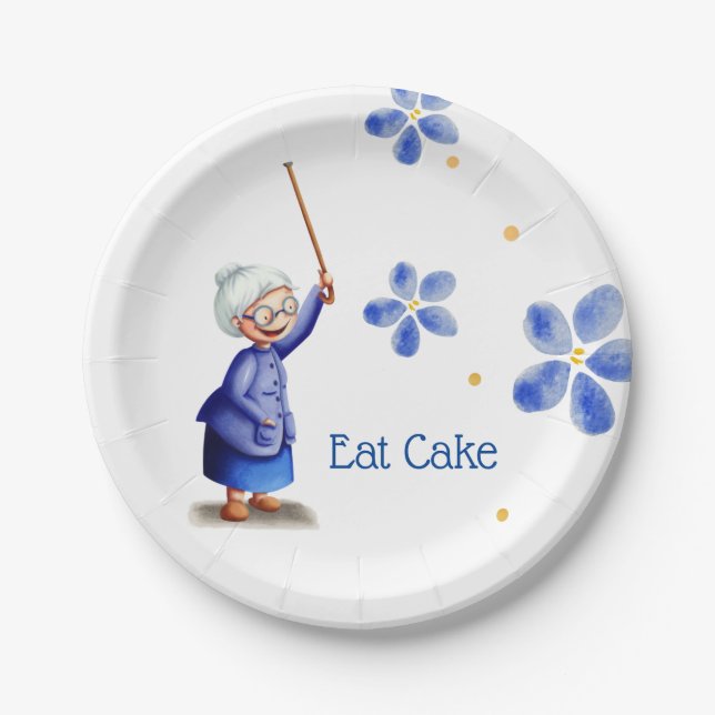 Blue Floral Happy Grandmother with Cane Eat Cake Paper Plate (Front)