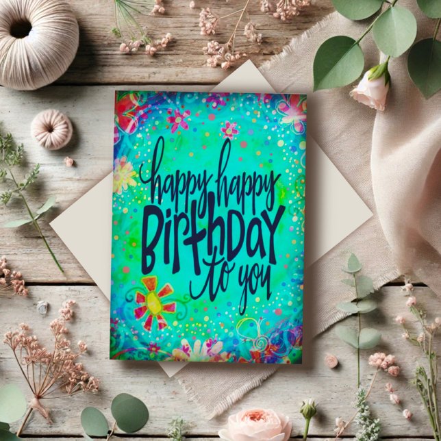 Blue Floral Happy Happy Birthday Fun Colourful Card (Creator Uploaded)