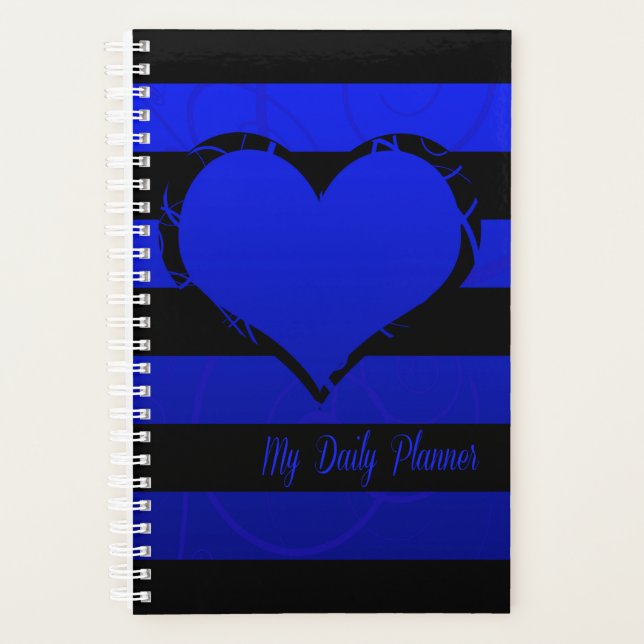 Blue Floral Heart Black Stripes Planner (Front)