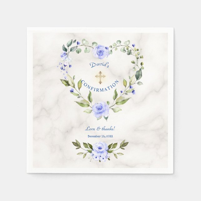 Blue Floral Heart Gold Marble Boy Confirmation Napkin (Front)