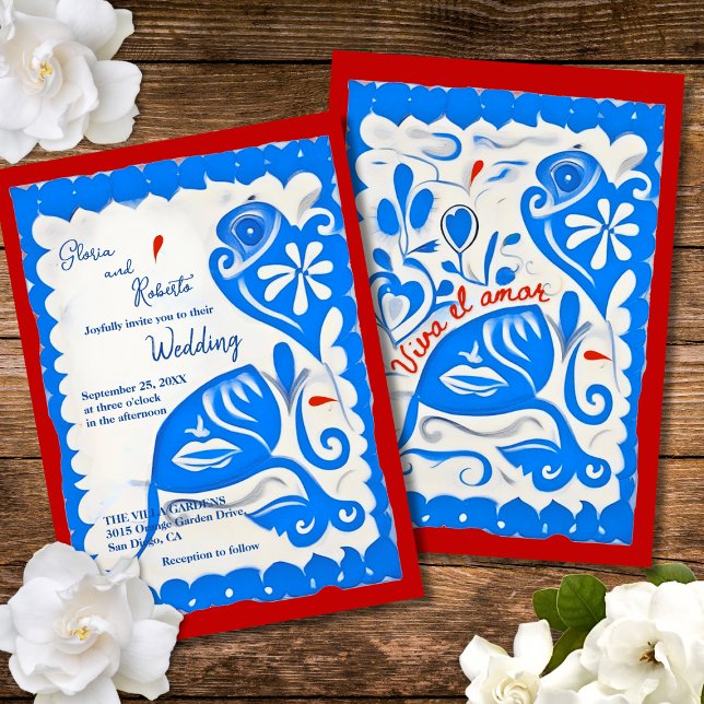 Blue Floral Heart Papel Picado Mexican Wedding  Invitation (Creator Uploaded)