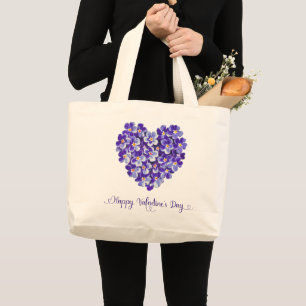 Blue Floral Heart Vintage Happy Valentine's Day Large Tote Bag