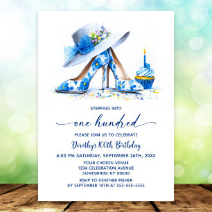 Blue Floral High Heel Shoes 100th Birthday Party Invitation
