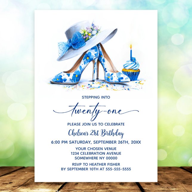 Blue Floral High Heel Shoes 21st Birthday Party Invitation (Creator Uploaded)