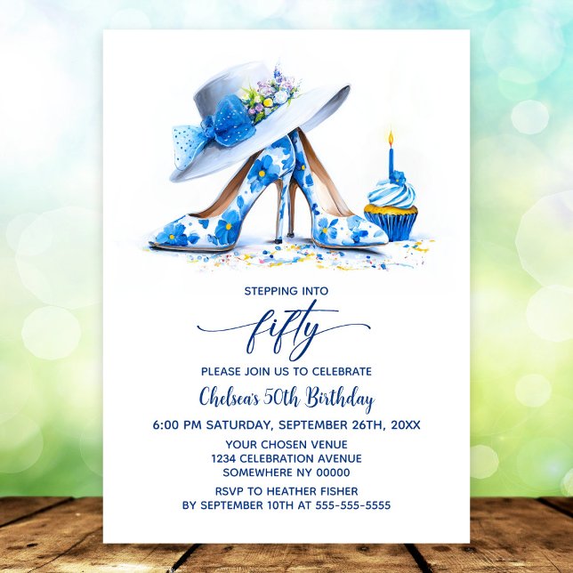 Blue Floral High Heel Shoes 50th Birthday Party Invitation (Creator Uploaded)