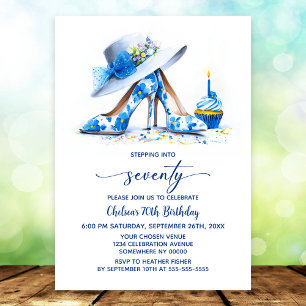 Blue Floral High Heel Shoes 70th Birthday Party Invitation