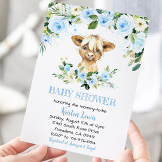 Blue Floral Highland Cow Baby Shower Invite