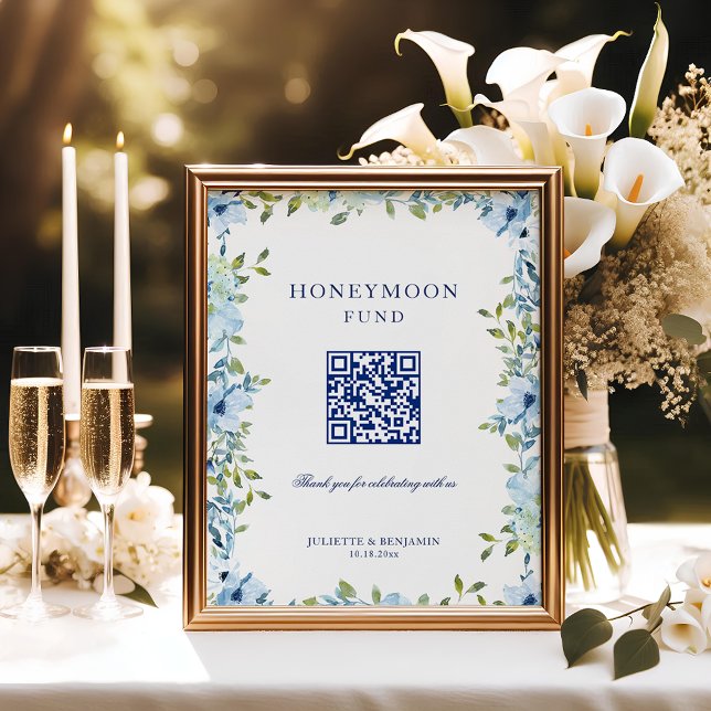 Blue Floral Honeymoon Gift QR Code Wedding Sign (Dusty blue, floral Honeymoon Fund wedding sign to ask for cash gifts with tact)