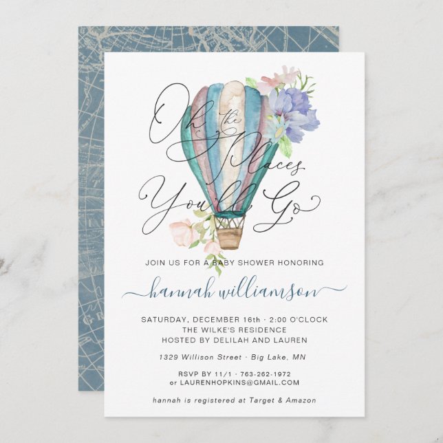 Blue Floral Hot Air Balloon Baby Shower Invitation (Front/Back)