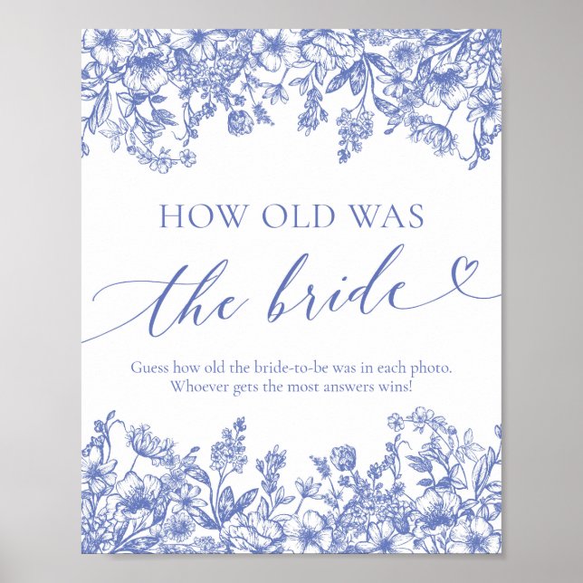 Blue Floral How Old was the Bride Shower Game Sign (Front)