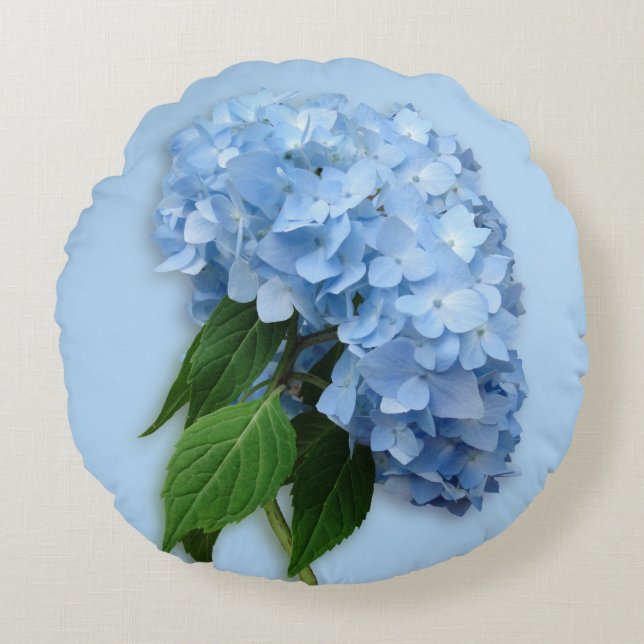 Blue Floral Hydrangea Accent Round Pillow (Front)