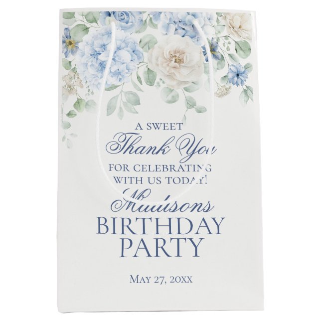 Blue Floral Hydrangea Botanical Birthday Favour Medium Gift Bag (Front)