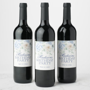 Blue Floral Hydrangea Botanical Bloom Birthday Wine Label