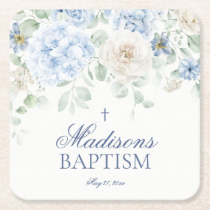 Blue Floral Hydrangea Botanical Blooms Baptism Square Paper Coaster