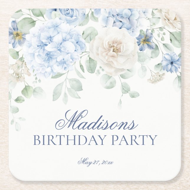Blue Floral Hydrangea Botanical Blooms Birthday Square Paper Coaster (Front)