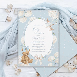 Blue Floral Hydrangea Elegant Bear Baby Shower Invitation