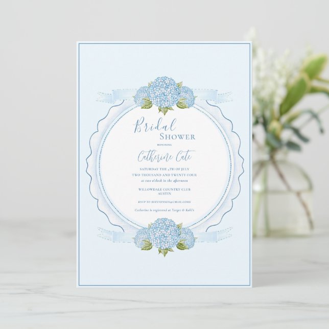 Blue Floral Hydrangea Elegant Bridal Shower  Invitation (Standing Front)