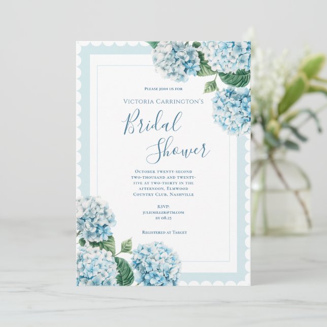 Blue Floral Hydrangea Elegant Bridal Shower Invitation (Standing Front)