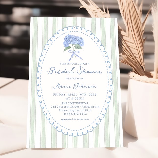 Blue Floral Hydrangea Stripes Bridal Shower Invitation (Creator Uploaded)