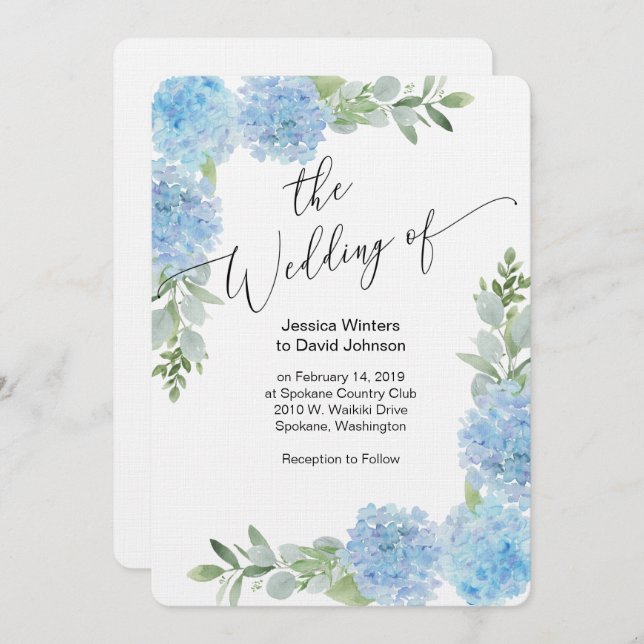 Blue Floral Hydrangea Wedding Invitation design (Front/Back)