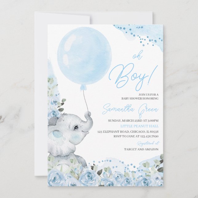 Blue Floral It's a Boy Elephant Baby Shower Invitation (Front)