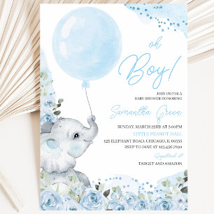 Blue Floral It's a Boy Elephant Baby Shower Invitation
