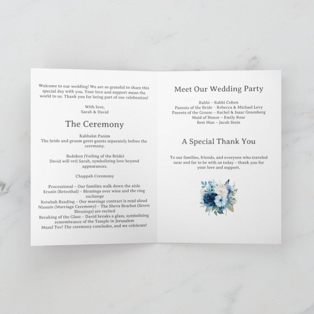 Blue Floral Jewish Wedding Program Programme (Inside)