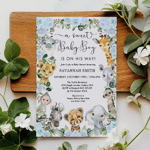 Blue Floral Jungle Safari Animals Boy Baby Shower Invitation