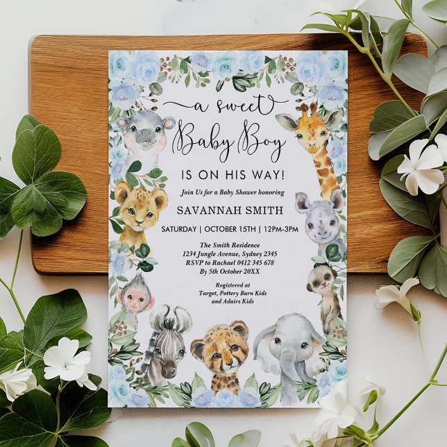 Blue Floral Jungle Safari Animals Boy Baby Shower Invitation (Creator Uploaded)