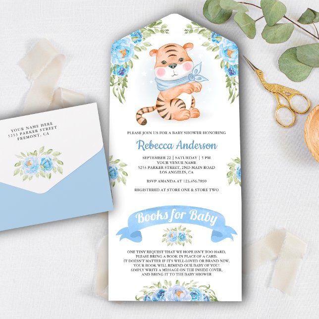 Blue Floral Jungle Safari Cute Tiger Baby Shower  All In One Invitation (Creator Uploaded)