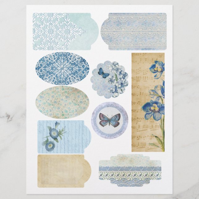 Blue Floral & Lace Scrapbook Embellishment Sheet (Front)