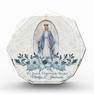 Blue Floral Lady of Grace Virgin Mary Lace Photo Block