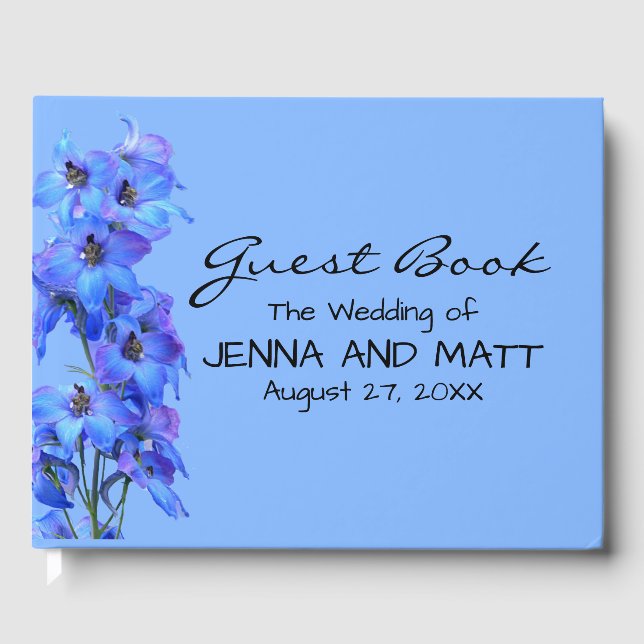 Blue Floral Larkspur Boho Modern Custom Wedding Guest Book (Front)