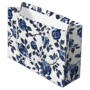 Blue Floral Leaves Birthday Large Gift Bag