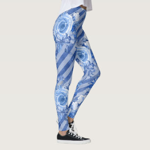 Blue Floral Leggings - Women's Flower Print Style