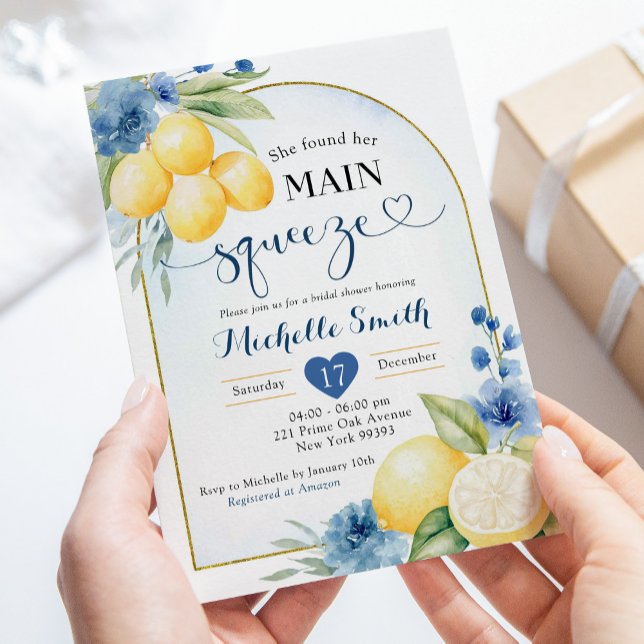 Blue floral Lemon Main Squeeze Bridal shower Invitation (Creator Uploaded)