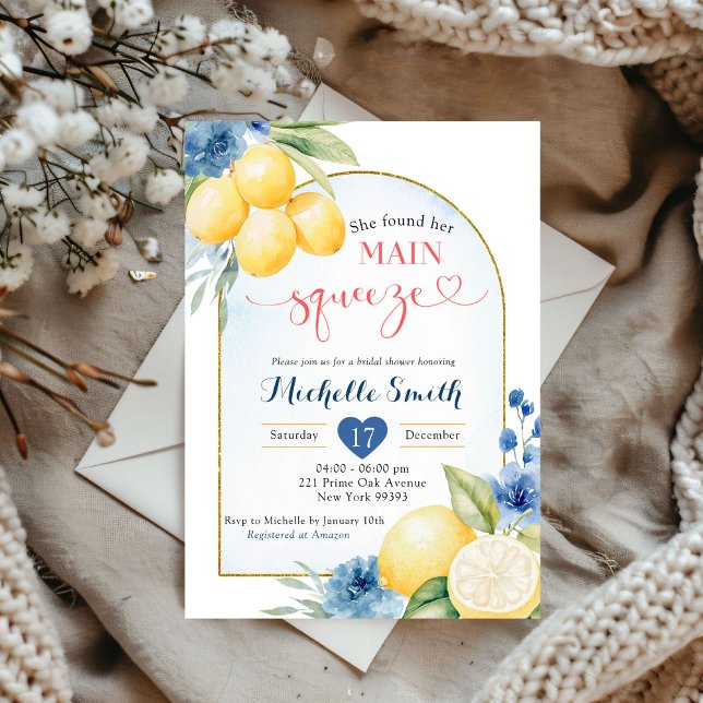 Blue floral Lemon Main Squeeze Bridal shower Invitation (Creator Uploaded)