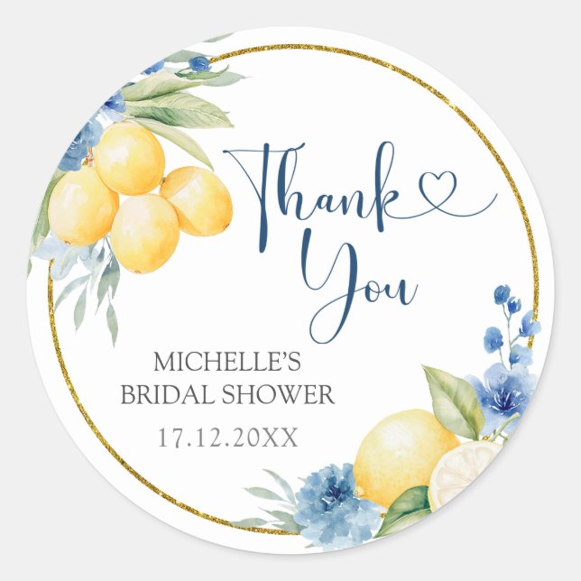 Blue Floral Lemon Main Squeeze Thank You Classic Round Sticker (Front)