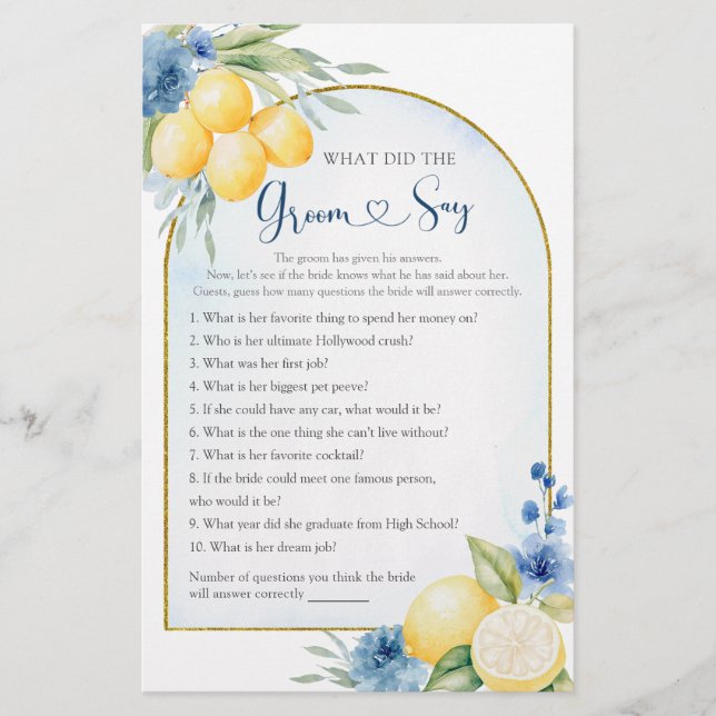 Blue Floral Lemon Main Squeeze What Groom Says (Front)