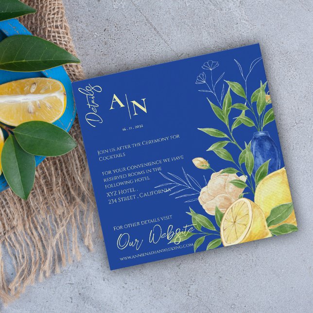 Blue Floral Lemon Mediterranean Wedding Details Enclosure Card (Blue Floral Lemon Mediterranean Wedding Details Enclosure Card)