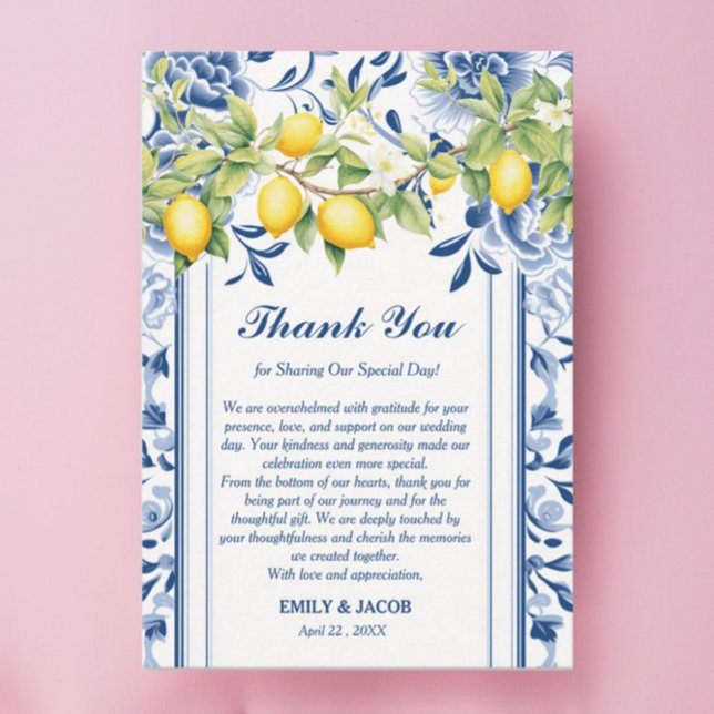 Blue Floral & Lemon Wedding Thank You Card (Creator Uploaded)