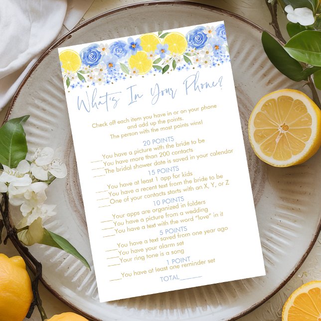 Blue Floral Lemon What's In Your Phone Bridal Game (Creator Uploaded)