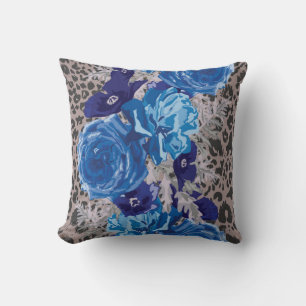 Blue Floral Leopard Print Decorative Pillow