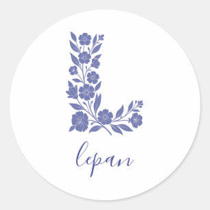 Blue Floral Letter L Monogram Art Round Sticker