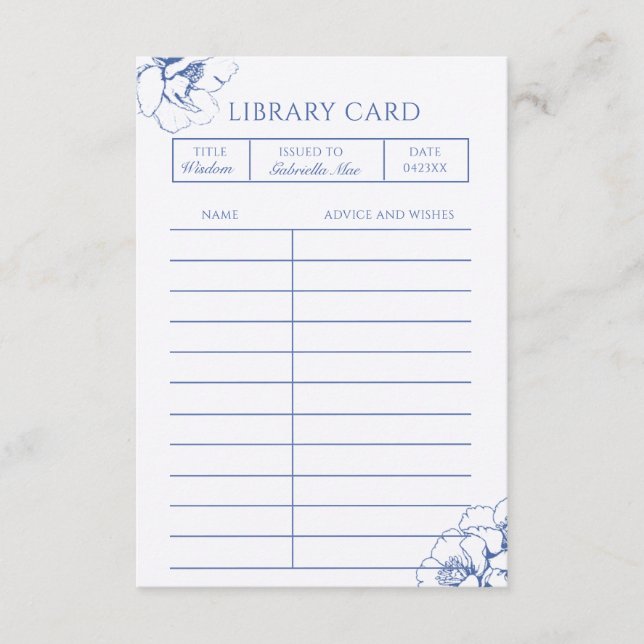 Blue Floral Library Advice Baptism Card (Front)