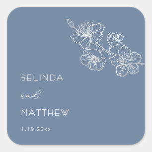 Blue Floral Line Art Wedding Square Sticker