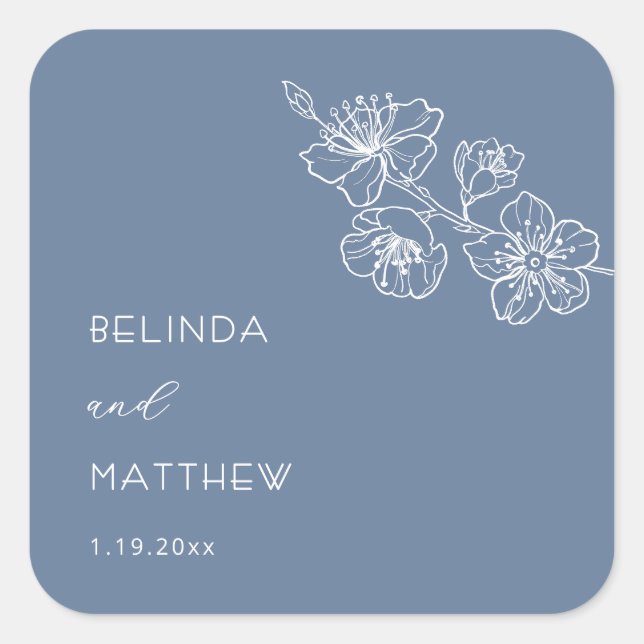  Blue Floral Line Art| Wedding Square Sticker (Front)