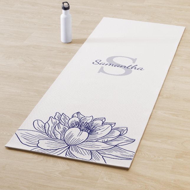 Blue Floral Line Drawing Personalised Yoga Mat (In Situ)